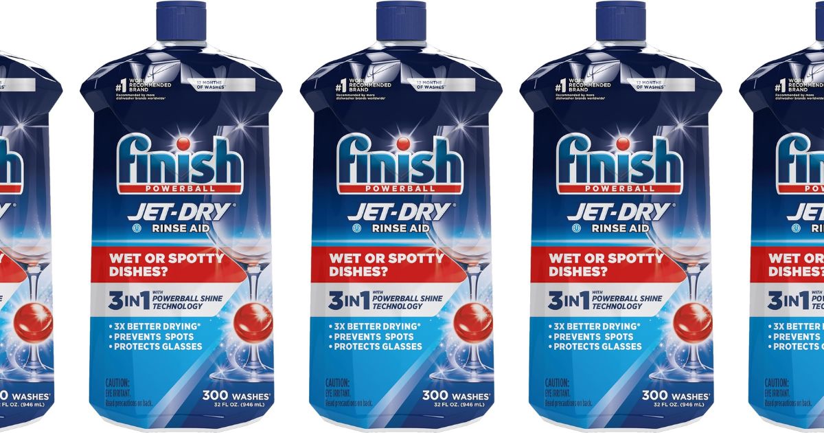 row of Finish Jet Dry bottles