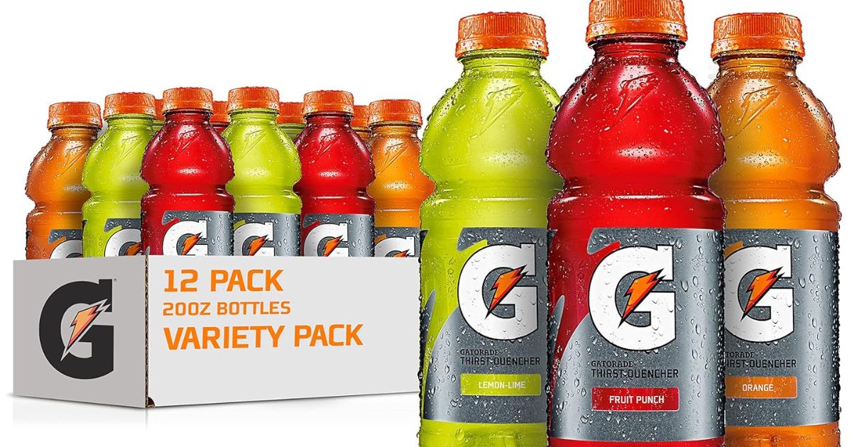 Gatorade Variety Pack Gatorade variety pack in a box with three bottles next to it