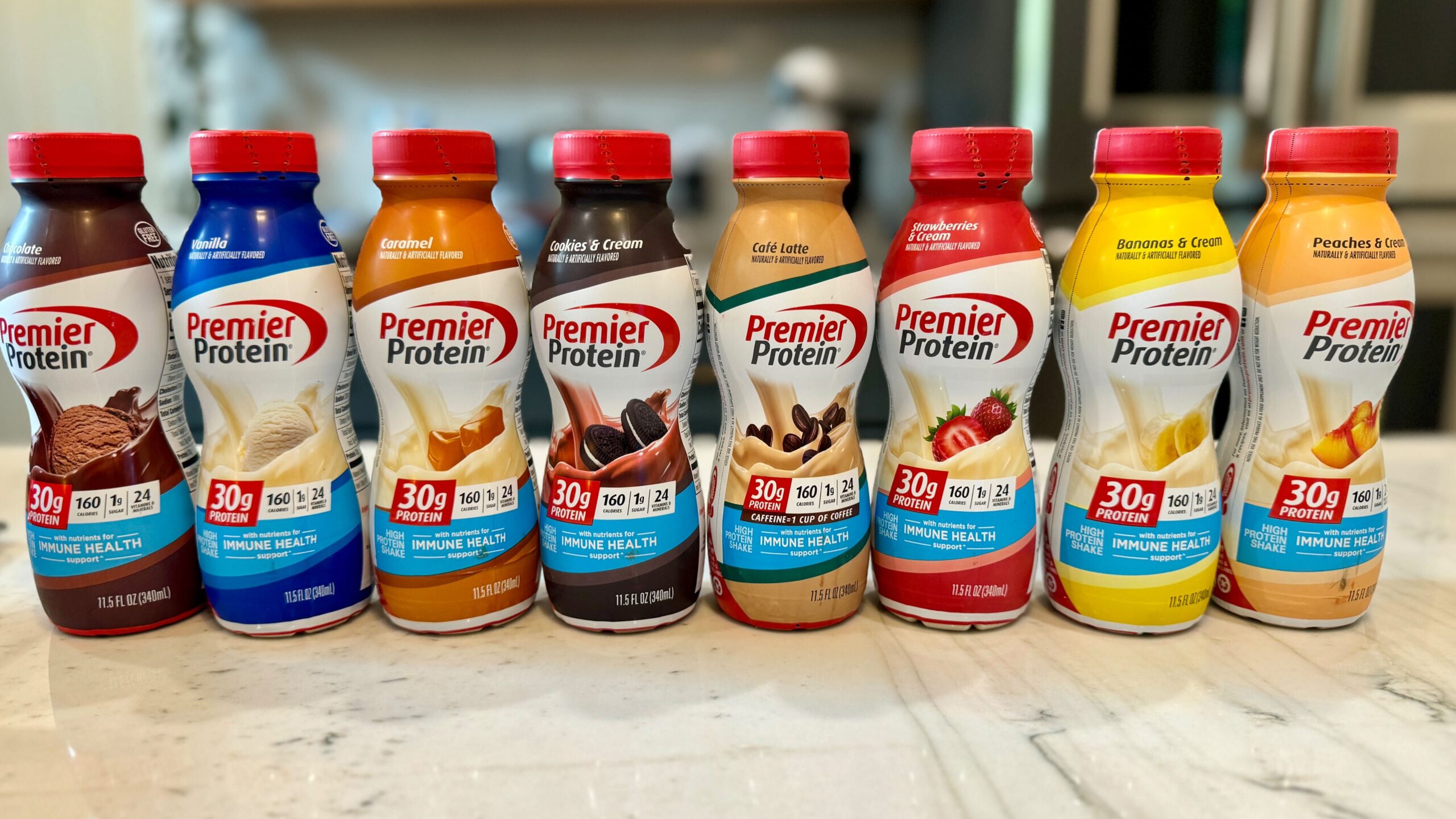 row of premier protein shakes