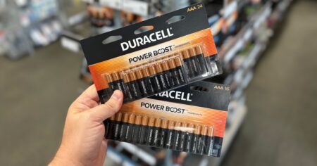 hand holding two packs of batteries