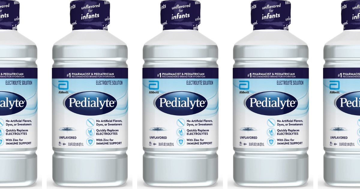row of bottles of Pedialyte
