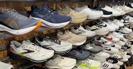 display of running shoes