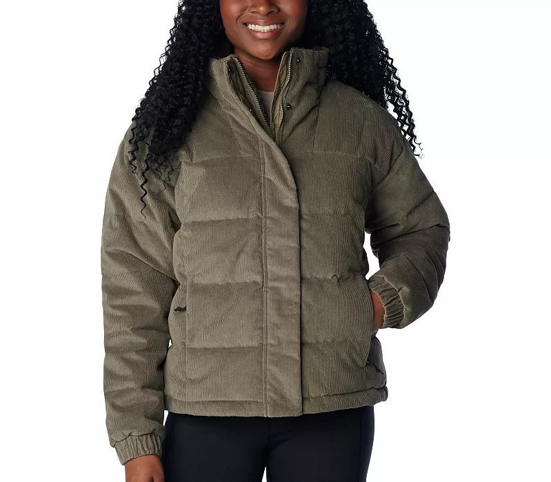Women s Columbia Ruby Falls Novelty Puffer Jacket woman wearing a green Columbia puffer jacket