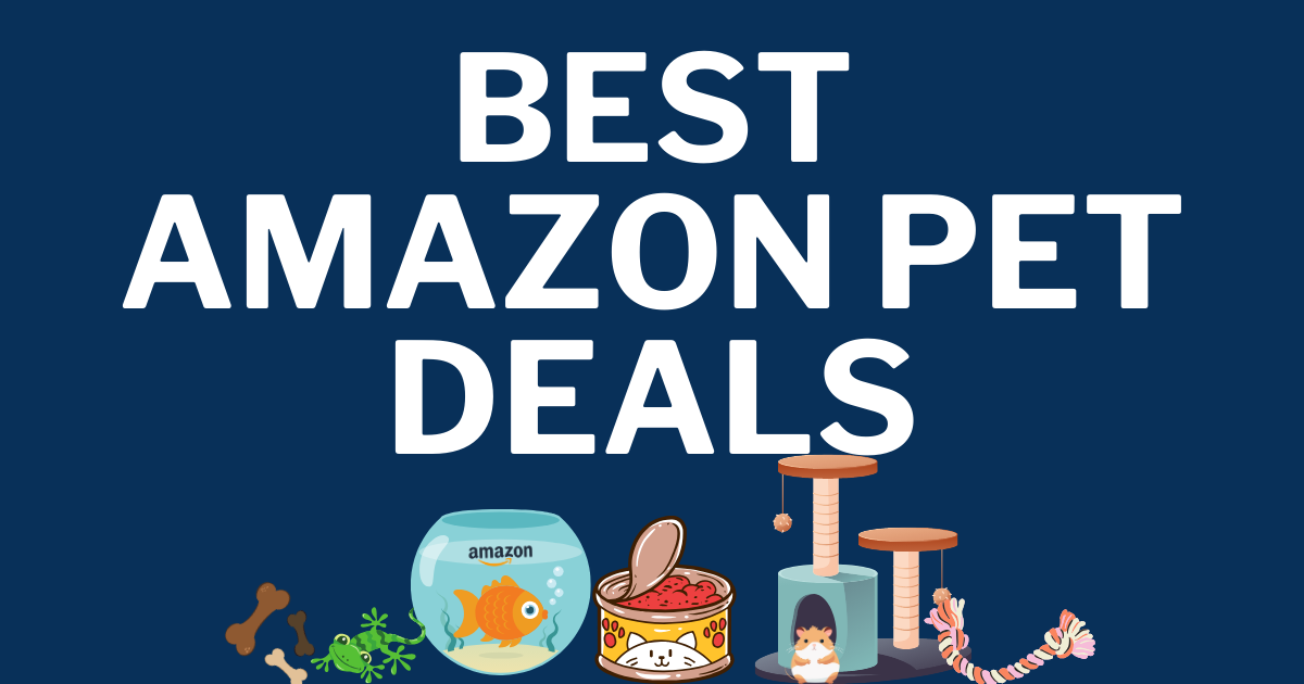 amazon pet deals graphic that says best amazon pet deals with images of pets and toys and pet food