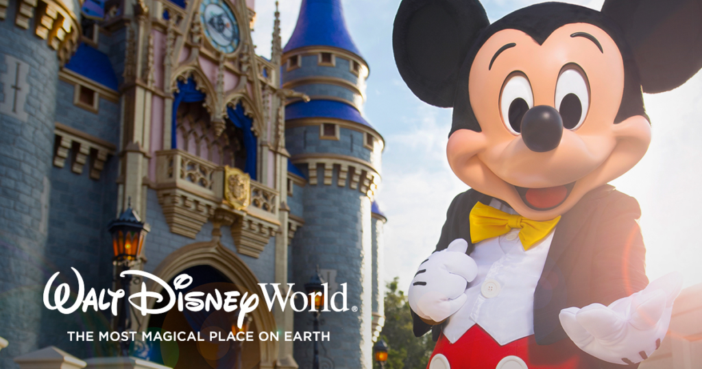 mickey mouse in front of a disney castle