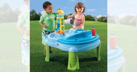 two kids playing outside with a step2 Splash & Scoop Bay play table