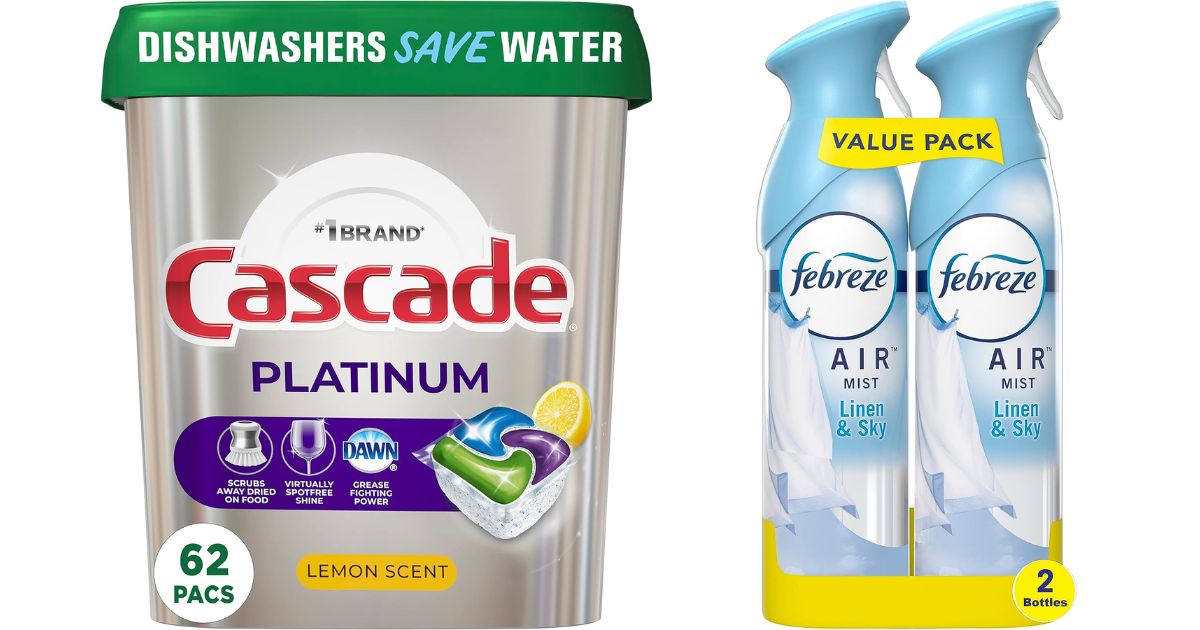 container of Cascade and two pack of Febreze sprays
