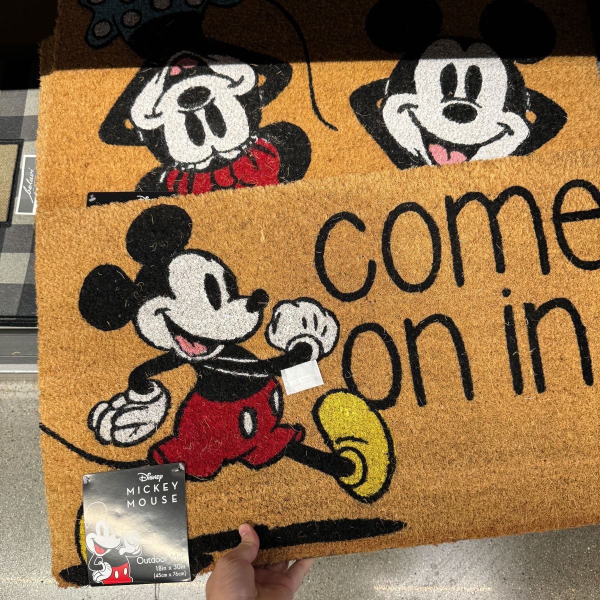 Disney Doormat hand holding a Disney doormat