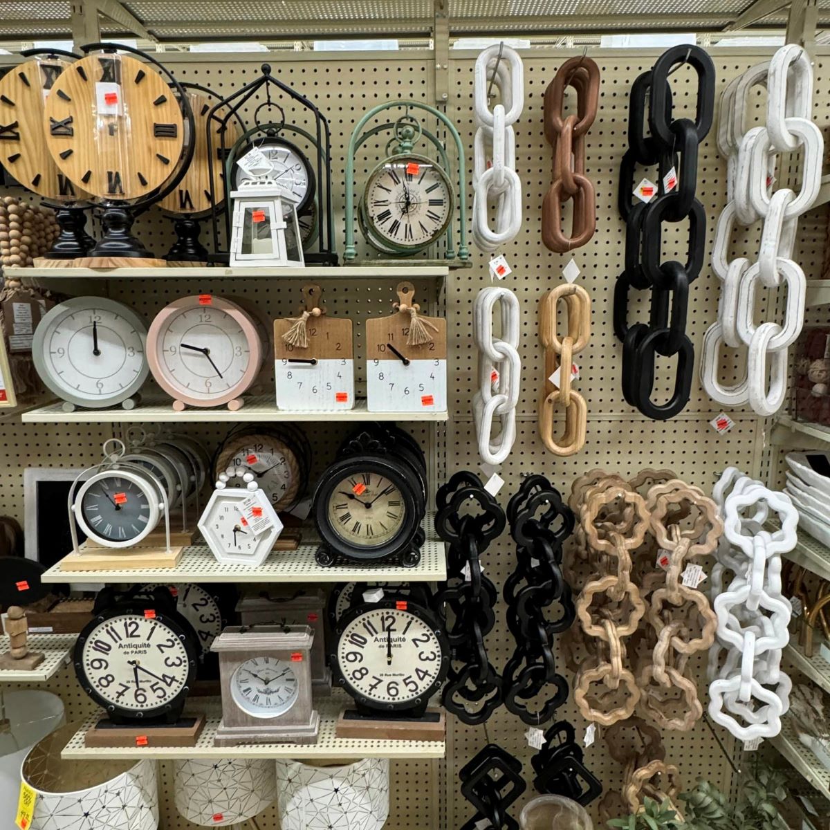 Hobby Lobby Clocks display of wall clocks and decorative chains
