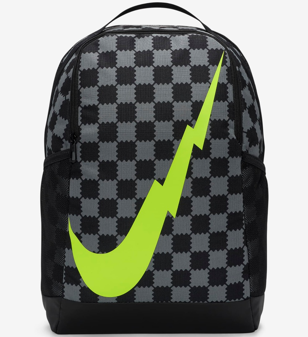 black and grey checked backpack with a lime green Nike logo