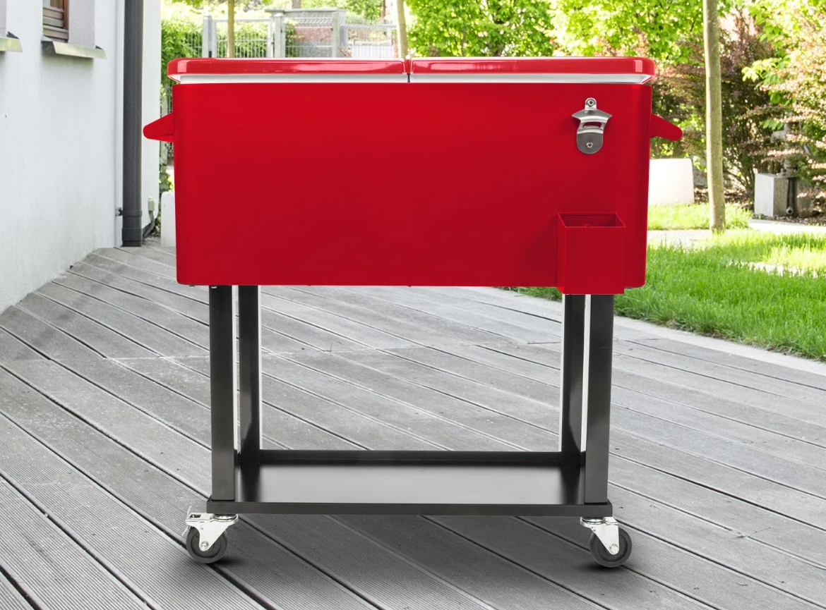 80 Qt Outdoor Rolling Cooler Cart red cooler on wheels
