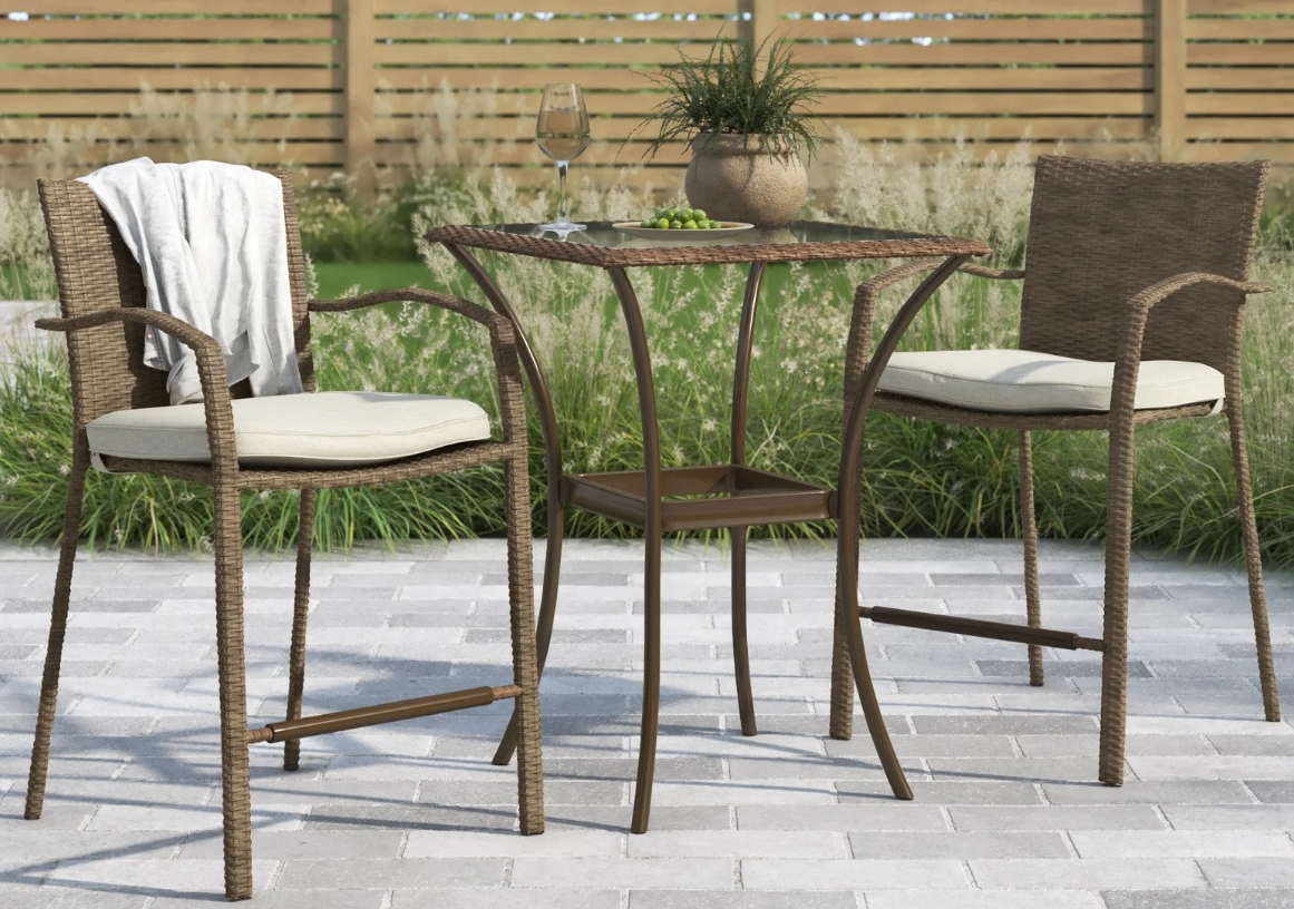 Brigid Person Square Outdoor Dining Set with Cushions two tall patio chairs and table