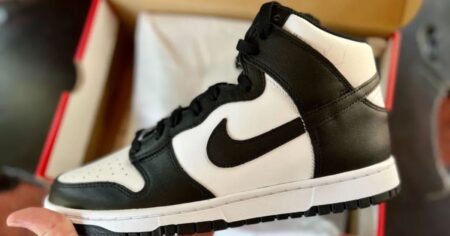 hand holding a pair of Nike Dunk High Pandas