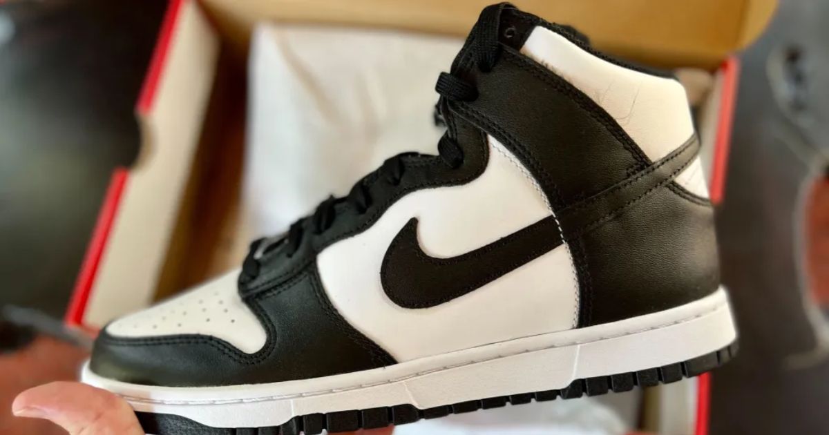 hand holding a pair of Nike Dunk High Pandas