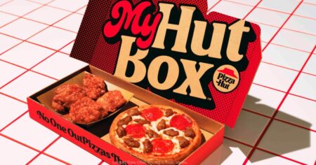 Pizza Hut My Hut Box with a small pizza and wings