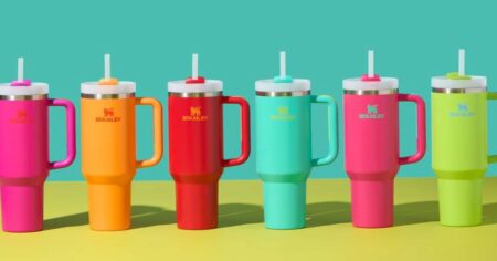 row of Stanley tumblers