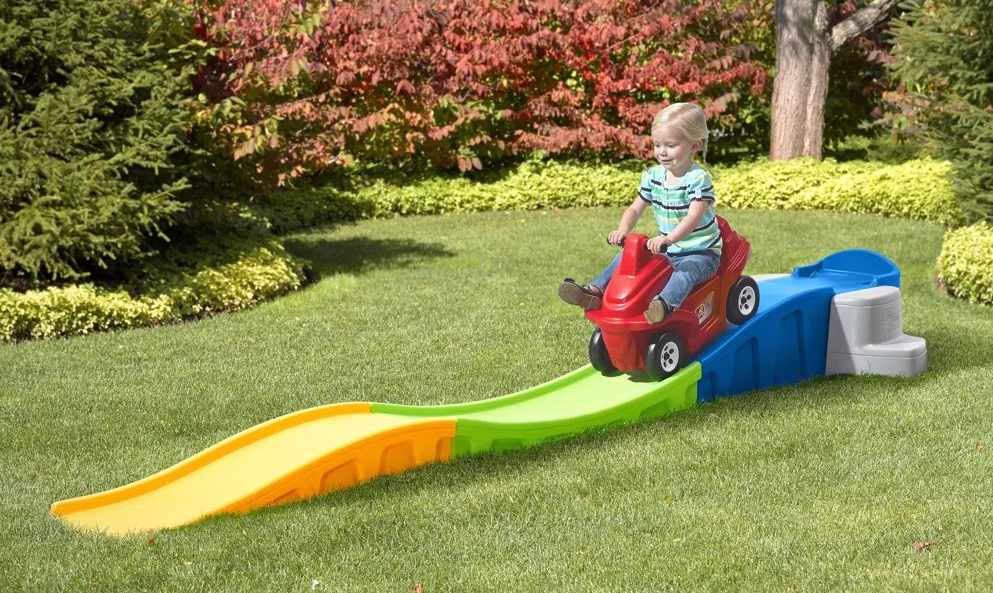 Step2 Anniversary Edition Up and Down Roller Coaster girl riding on a toy coaster