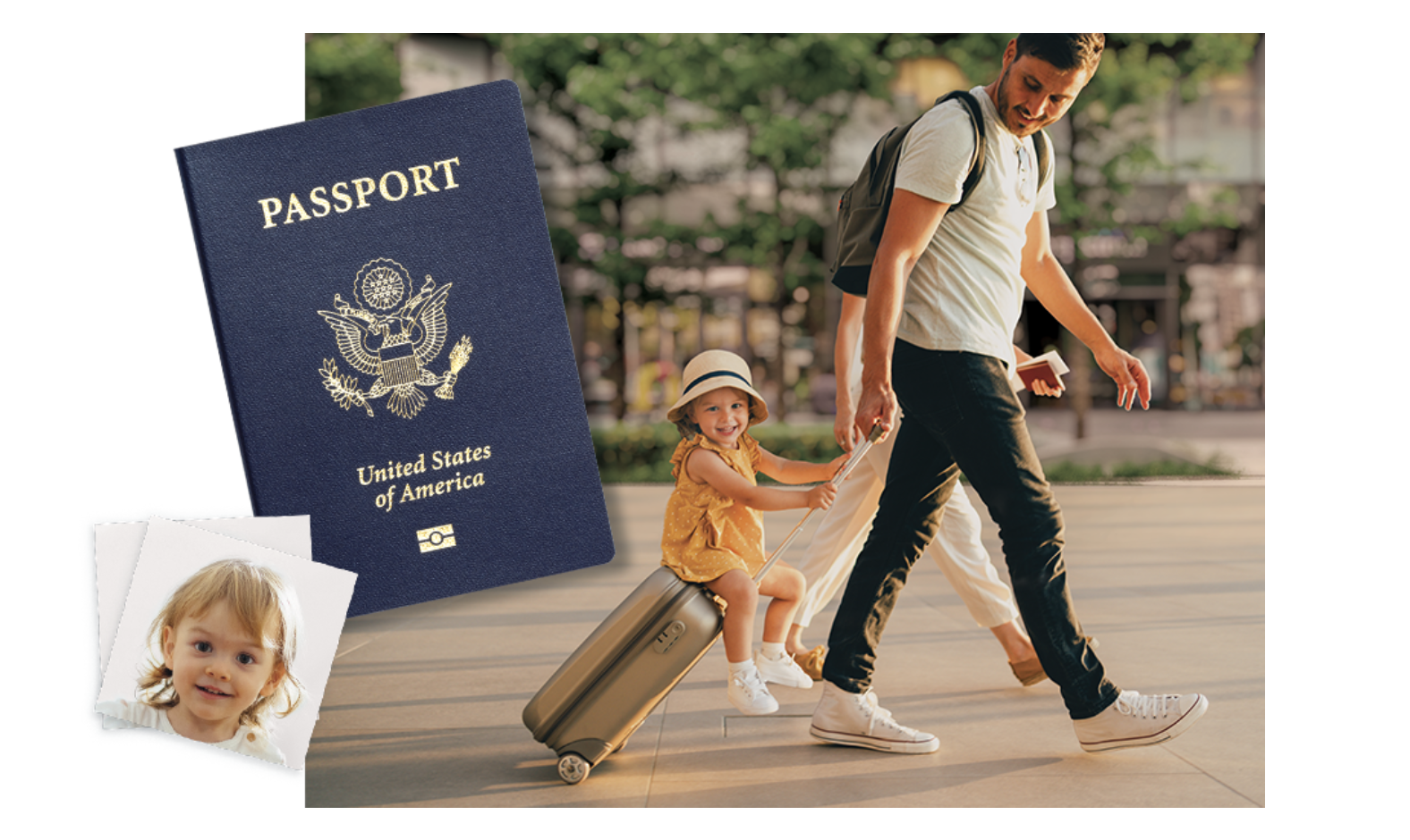 cvs passport photos man walking with a child riding on his suitcase and a picture of a passport in the corner advertising CVS passport photos and deals