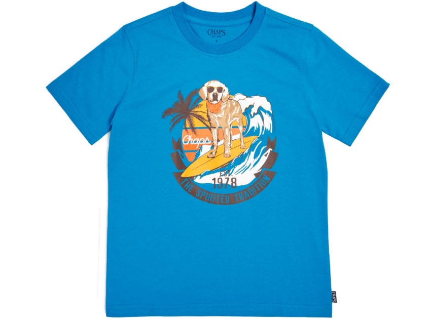 blue tee with a surfing dog on it