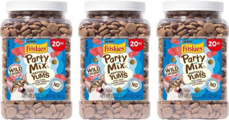 row of Friskies cat treats containers