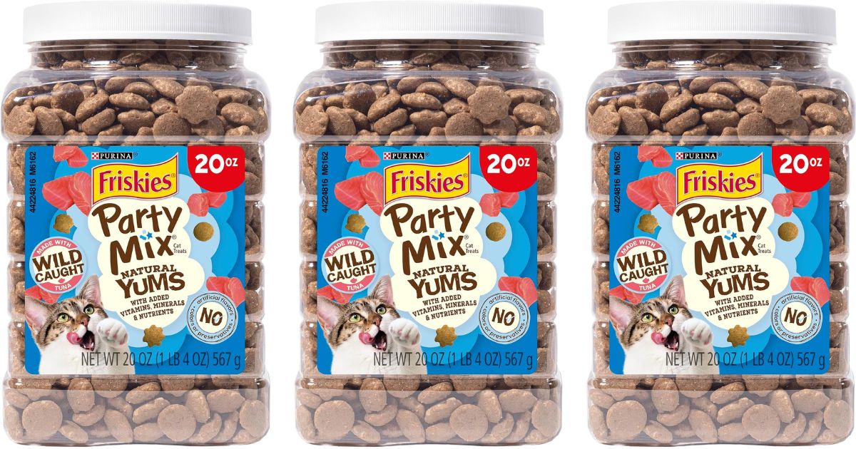 row of Friskies cat treats containers