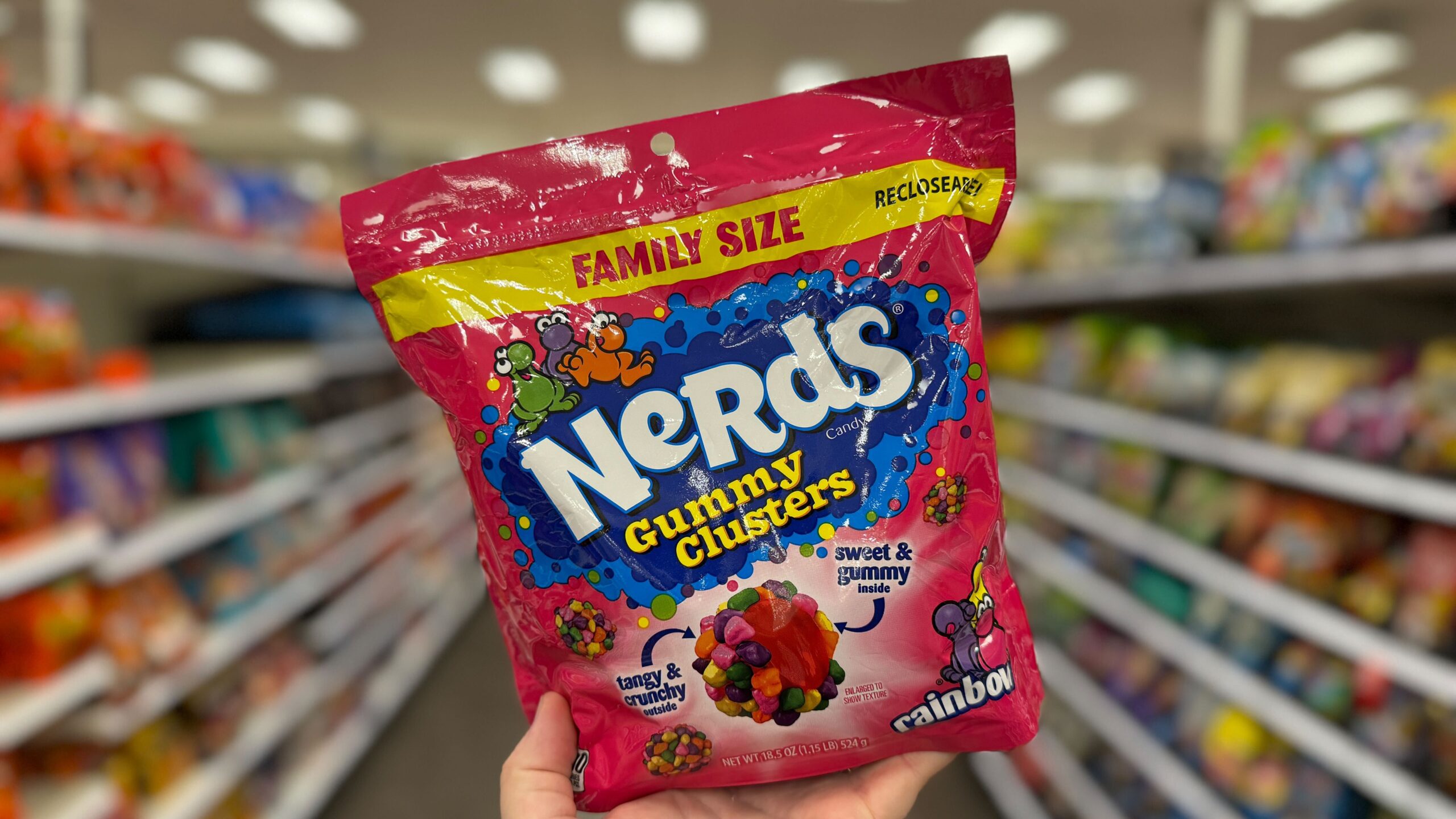 Nerds Gummy Clusters Rainbow Family Size hand holding a bag of Nerds Gummy Clusters