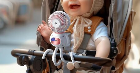 stroller fan on a stroller with a baby in it