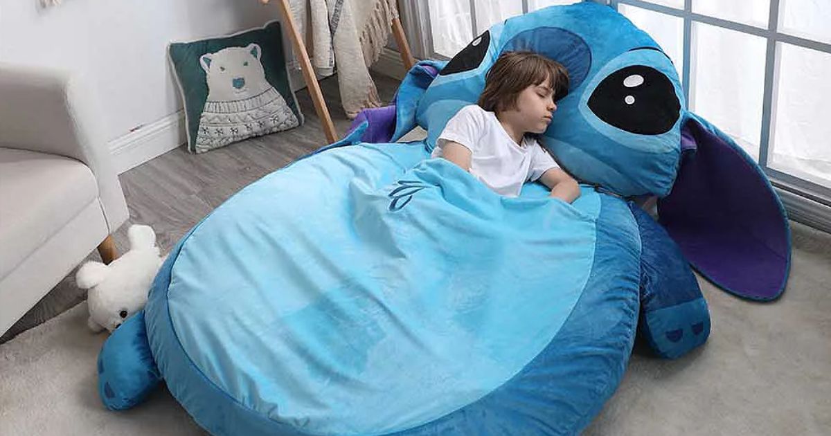 Stitch Nap Mat girl laying on a Stitch nap mat