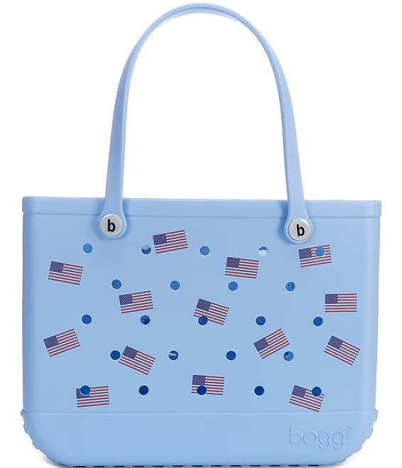 blue Bogg Bag with flags on it