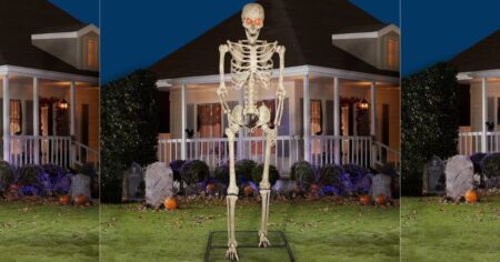 skeleton in front of a house
