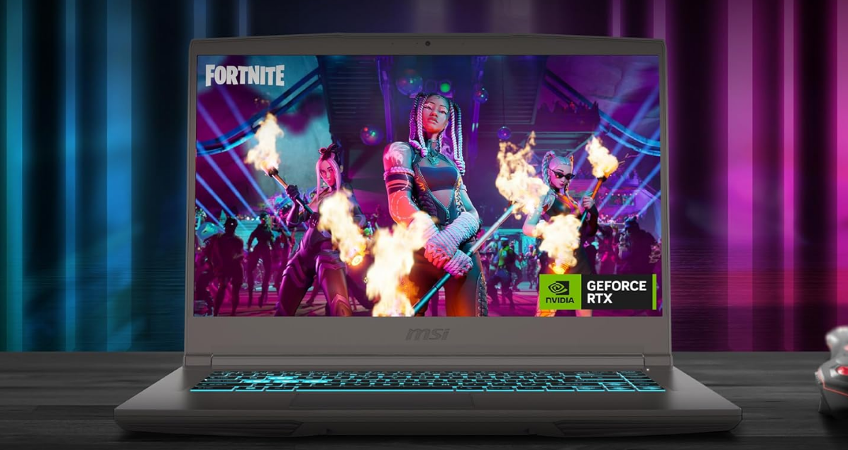 gaming laptop with Fortnite on the screen