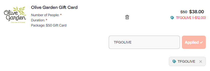 Olive Garden Gift Card checkout page