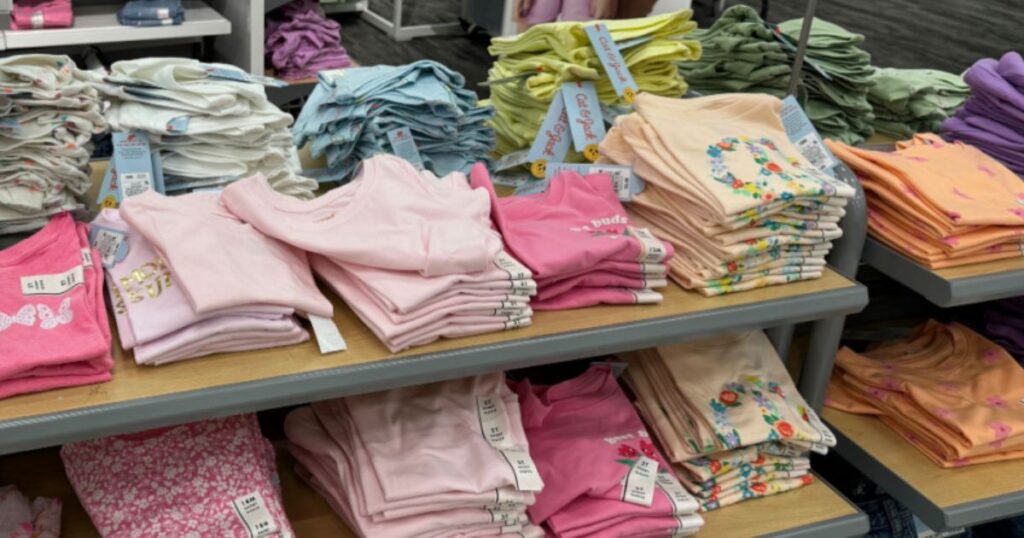 Target Kids Clothing display of Cat & Jack tees on tables at Target