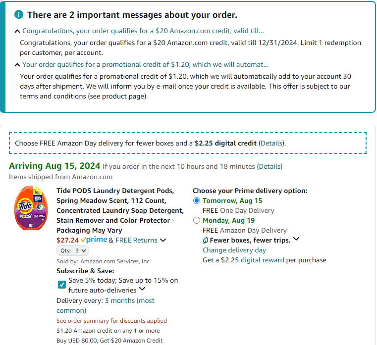 Tide Pods Amazon screenshot of Amazon cart with Tide