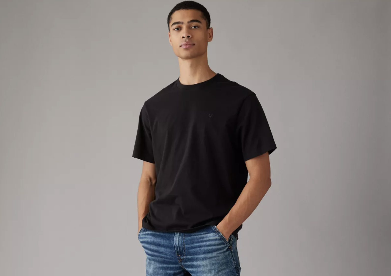 man wearing a black t-shirt