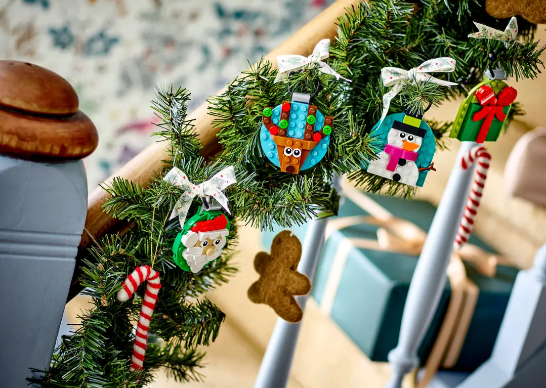 Christmas Ornament Selection LEGO Christmas ornaments on a bannister