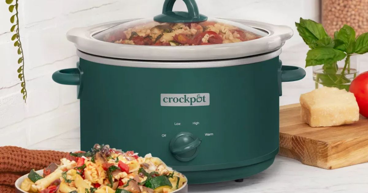Crock Pot green Crock-pot with a bowl of food next to it