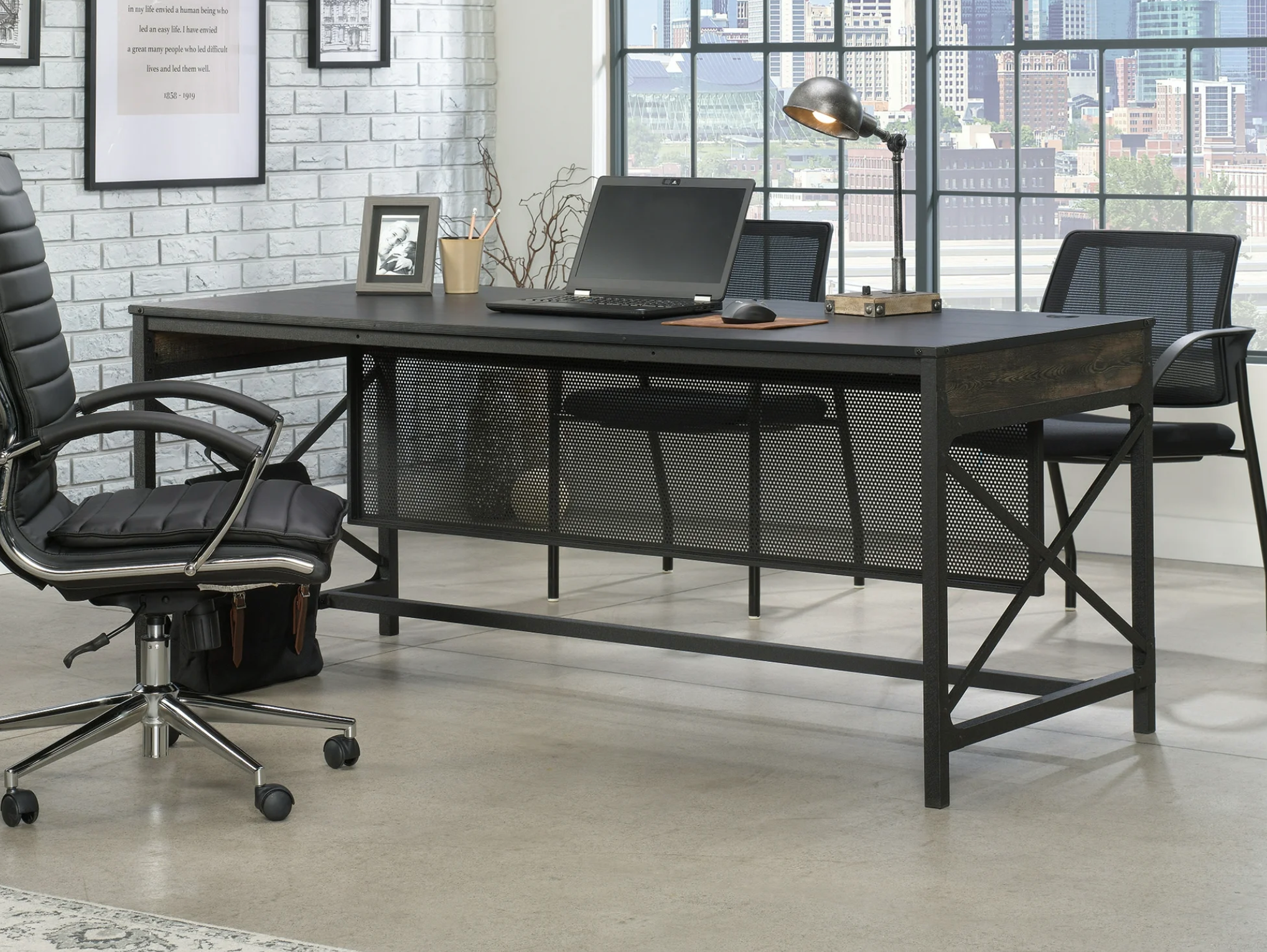 Worksense by Sauder Foundry Road 72 x 30 Commercial Office Desk desk with chairs around it