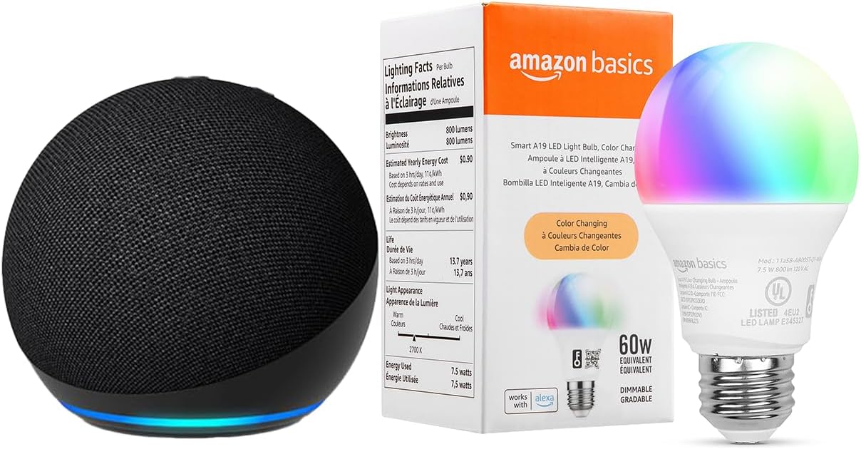 Echo Dot with Amazon Basics Smart Color Bulb Echo Dot with Amazon Basics Smart Color Bulb