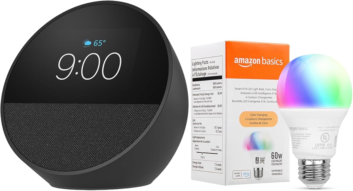 Echo Spot with Amazon Basics Smart Color Bulb Echo Spot with Amazon Basics Smart Color Bulb