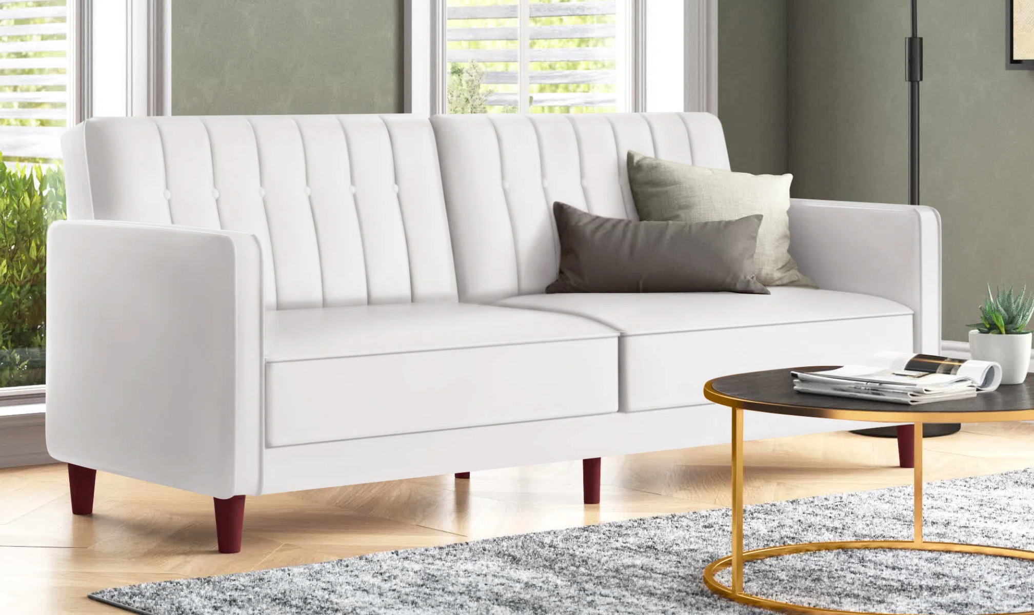 Seylow 81 5 Faux Leather Convertible Sofa white couch with cushions on it