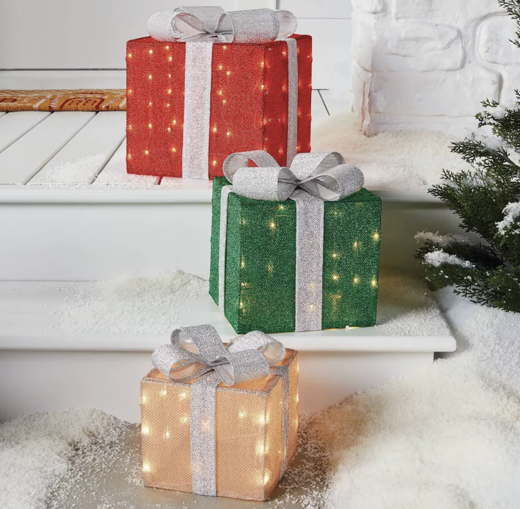 3pc Incandescent Tinsel Gift Box Christmas Novelty Sculpture