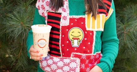 Free Hot Chocolate Stickers at Scooter s for Ugly Sweater Day!