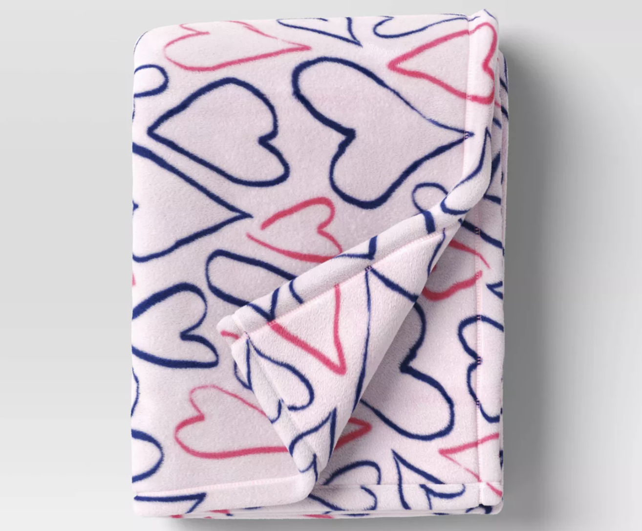 Recycled Poly Printed Outlined Hearts Plush Throw Pink:Blue pink throw blanket with pink and blue hearts on it