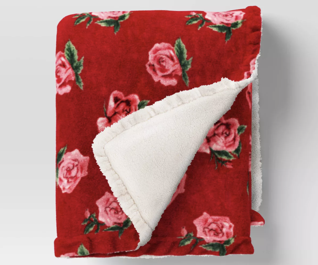 Rose Printed Plush Throw with Faux Shearling Reverse and Ruffled Trim Red Rose Printed Plush Throw with Faux Shearling Reverse and Ruffled Trim Red