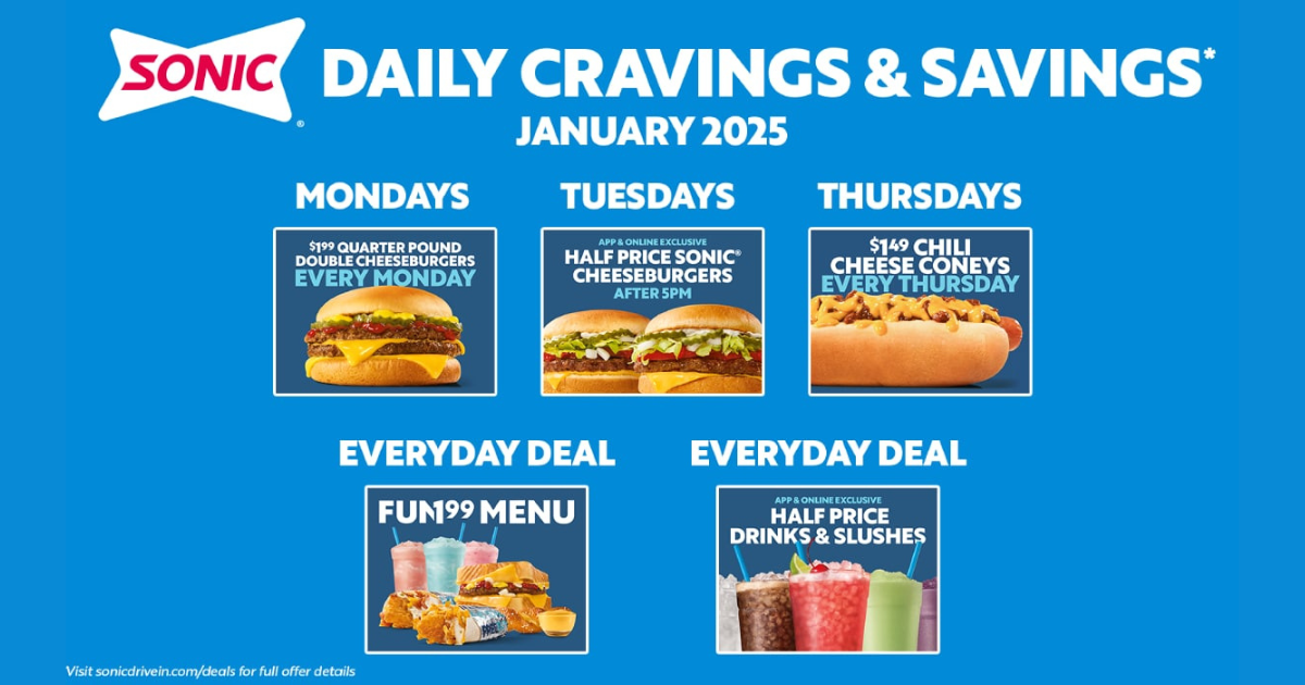 SONIC Daily Cravings Savings Deals Lineup SONIC Daily Cravings Savings Deals Lineup