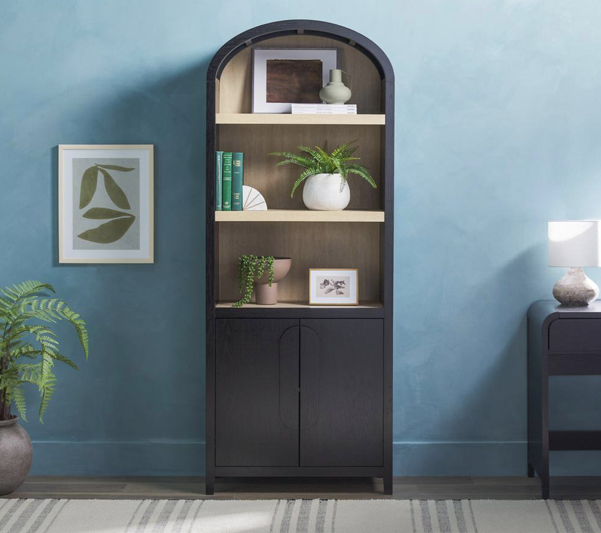 Welwick Designs Arched 76 in Tall Black Wood 4 Shelf Bookcase with Closed Storage and Statement Pulls Welwick Designs Arched 76 in Tall Black Wood 4 Shelf Bookcase with Closed Storage and Statement Pulls