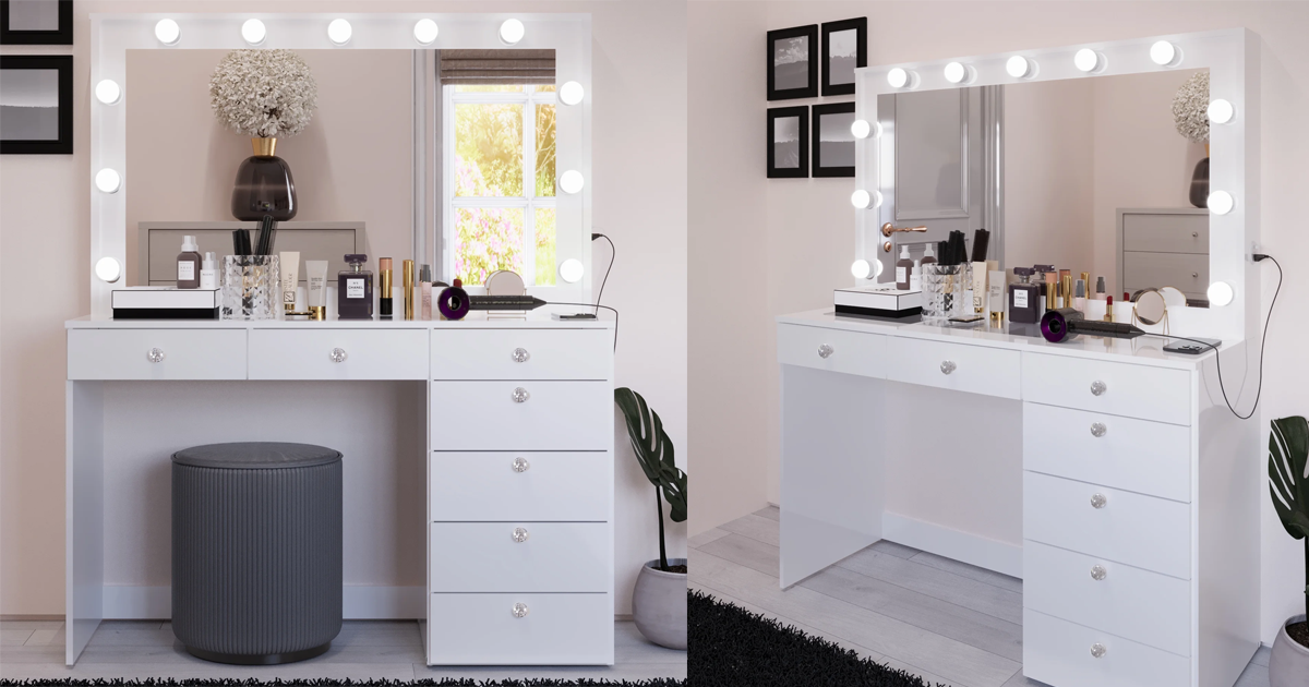 Ember Interiors Polly White Makeup Vanity Desk with lights